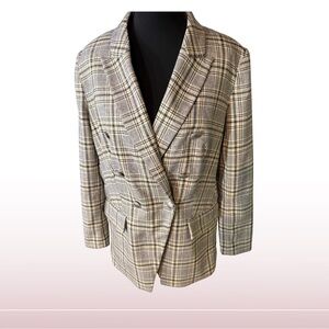 Nine West Beige Plaid Double-Breasted Blazer